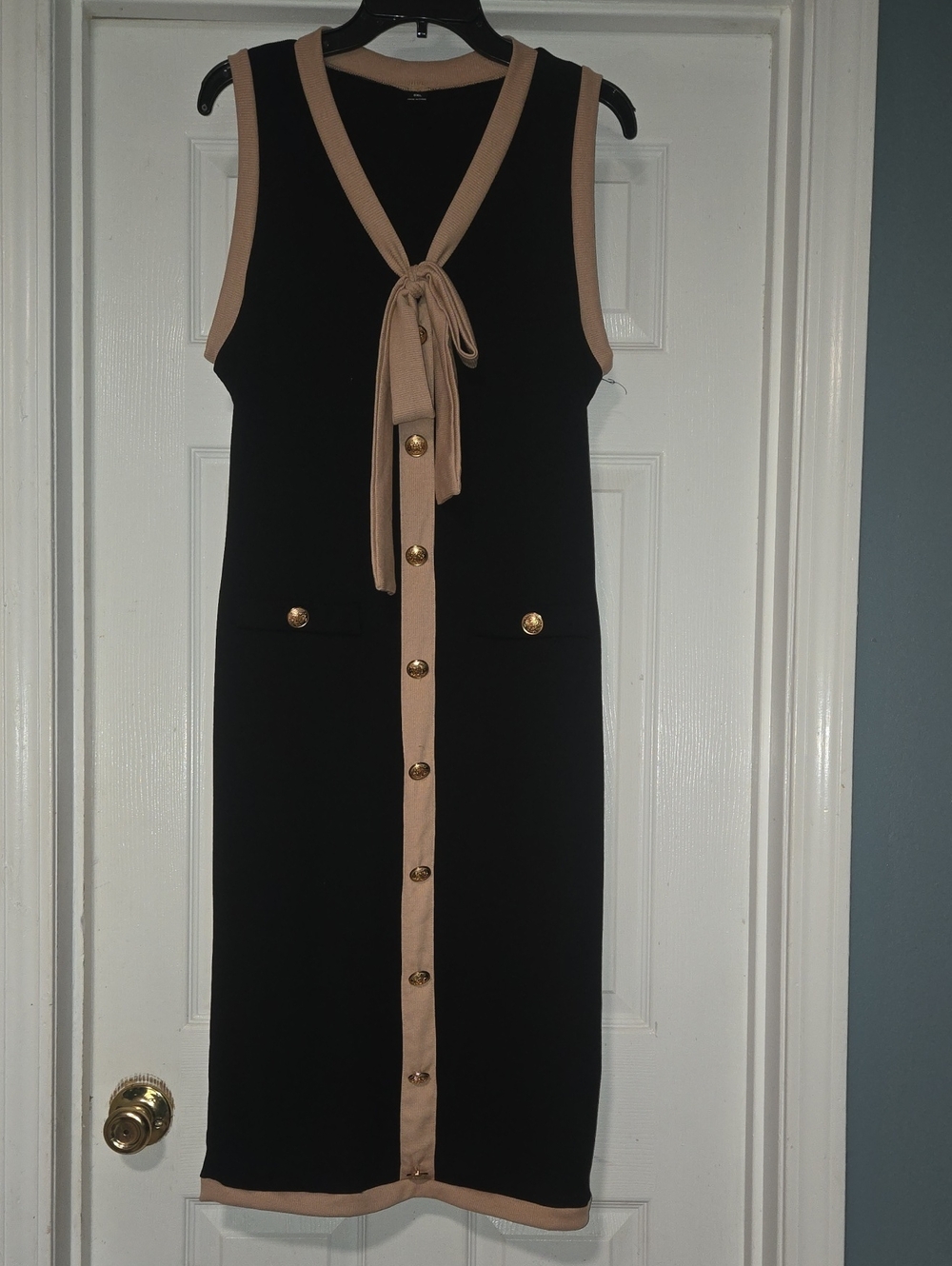 SHEIN Black Midi Dress with Beige Trim and Gold Buttons